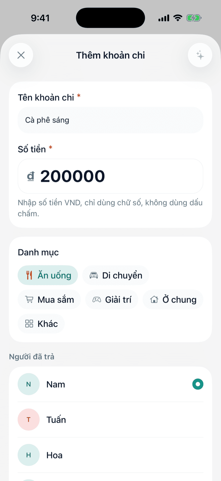 Màn hình Thêm khoản chi trong app Chitipay: nhập tên, số tiền VND, chọn danh mục và người đã trả
