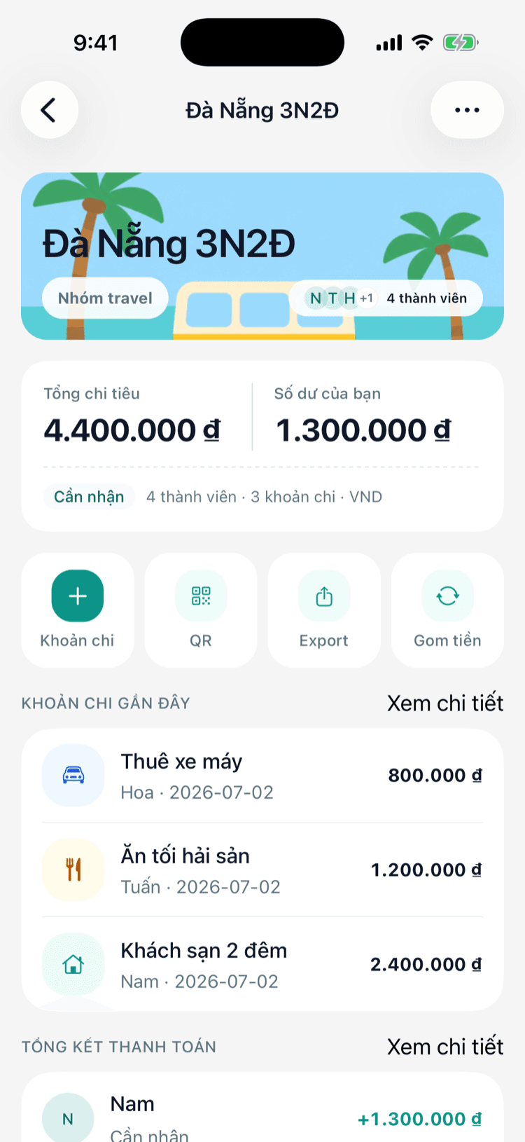 Màn hình sổ nhóm Đà Nẵng trong app Chitipay: tổng chi tiêu, số dư của bạn và danh sách khoản chi gần đây