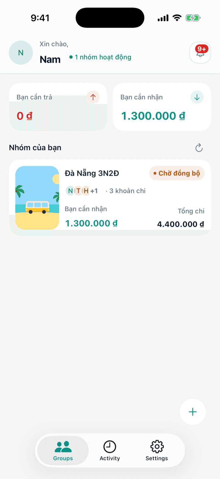 Màn hình danh sách nhóm trong app Chitipay: tổng cần trả, tổng cần nhận và trạng thái đồng bộ của từng nhóm